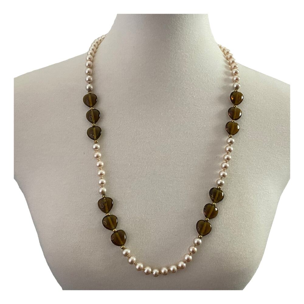 Vintage Faux Pearl Heart Necklace Brown Gold Clasp 28" Coquette Romantic Boho
